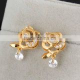 Cheap Fashion Imitation Jewelry Rose Flower With Round Crystal Drop Rhinestone Gold Plated Stud Earrings Anniversary Gift