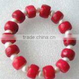 Wholesale 7" Pearls & 8-13mm China Red Drum Shaped Natural Coral Bracelet thumbnail-1
