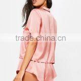 Pink Satin Piped Short Pyjama Set Roll Cuff Sleeve With Private Label Short Sleeve Buttons Sleepwear thumbnail-2