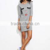 Grey Raw Hem Closed Eyes Print Dress Cotton Spandex 3/4 Sleeve Summer Cartoon Pocket Tee Dress thumbnail-5