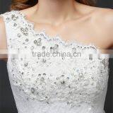 Floral Lace Trim Hem One Shoulder Crystals Pearl Ball Gown Appliques Lace Tulle Customize Wedding Dresses thumbnail-3