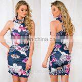 china supplier fashion beautiful bright floral print turtle neck women exy bodycon dress