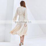 TWOTWINSTYLE Dress For Women Lace Up Lantern Sleeve High Waist With Belt Ruffle Vintage Patchwork thumbnail-7