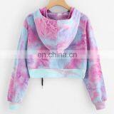 Purple Tie Dye Printing Short Hoodies Sweatshirt Women Casual Drawstring Thin Pullover Autumn Female Girl Long Sleeve Tops thumbnail-4