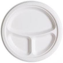 9 inch 3 Compartment 225D Sugarcane Bagasse Round Plate Sugarcane pulp Plates