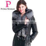 2015 Winter Medium Length Women Leather Jacket With Brown Fox Hat Overcoat thumbnail-4