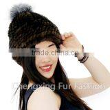 CX-C-239R Spring/Winter Lady Mink Fur Knitted Hat With Genuine Fox Fur Pom Poms thumbnail-2