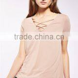MGOO New Launched 100% Cotton Cross Straps V Neck Women T Shirts Plain Longline Loose Fit T-shirt thumbnail-2
