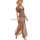 Latest Design Ladies Brown Drawstring Waist V Neck Split Dresses Summer Beach Wear Sexy Short Sleeve Long Maxi Dress