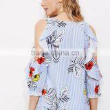 Frill Design Cold Shoulder Blue Stripe Top Ladies Floral Casual Blouse thumbnail-6