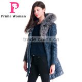 2015 Women Winter Leather Medium Length Slim Fit Coat With Brown Fox Hat Overcoat