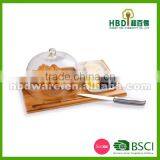 Factory price glass cheese dome with bamboo board set, cheese dome with knife wholesae