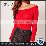 MGOO High Quality Long Sleeves Bardot Bodysuits Slash Neck Cold Shoulder Tops Women Tops Rib thumbnail-1