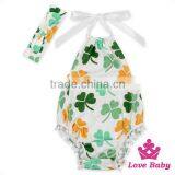 High Quality Kids St. Patricks Day Item Clover Printed Halter Design Newborn Baby Hairboll Romper thumbnail-1
