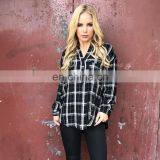 100% Viscose Deep V-neckline With Buttons Plaid Blouse for Lady thumbnail-1