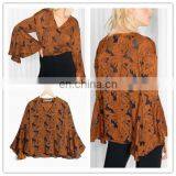 OEM/ODM Design Retro Style Clothing V-neckline Women Top Jacquard Flounce Top (16112203) thumbnail-1