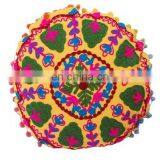 Embroidered 16x16 Suzani Round Cushion Cover Home Decorative Multi Pom Pom Pillowcase thumbnail-1