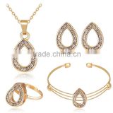 Hot Selliing Gold Plated Crystal Rhinestone Water Drop Necklace Stud Earring Bracelet Ring Set for Women Wedding Jewelry Set