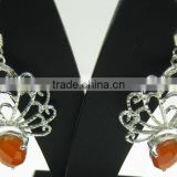 Carnelian Oval Jaali Natural Gemstones Earrings, 925 Solid Sterling Silver Earrings, Designer Facet Gemstone Dangle Earrings
