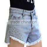 High-Rise Waist Denim Rip Shorts With Rivet Embellished thumbnail-3