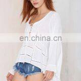 New Fashion White 100 Cotton Top Sheer Top Bell Sleeve Top Selling Products in thumbnail-3