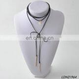 Long Black Layered Leather Thin Double Wrap Choker Bolo Necklace With Gold Tip- Vegan Faux Suede Accessories thumbnail-1