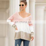 Girls Stylish Deep V Neck Drop Shoulder Colors Computer Knitted Women Loose Fit Pullover Sweater thumbnail-6
