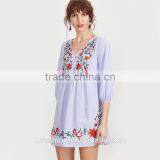 2017 Summer Women Clothing Factory Embroidered Blue Striped V Neck Button Front Lantern Sleeve Boho Dress thumbnail-2