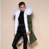 Latest Desig Army Green Cotton Shell Long White Fur Coat for Women
