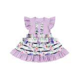 Light Purple Flutter Sleeve Girl Dress Stripe and Flower Pattern Short Sleeve Beautiful Dresses For Baby Girl thumbnail-2