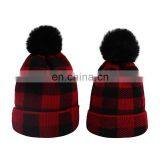 Cowinner Xmas Plaid Knit Matching Hats For Mom And Baby Christmas Buffalo Knit Warm Beanies Hat With Pom Pom Ball thumbnail-2