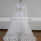 Ball Gown Appliqued Lace Boat Neck Wedding Dress Long Sleeve thumbnail-2