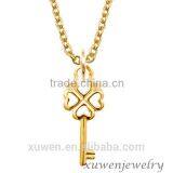 Gold Tone Ladies Stainless Steel Lucky Four Leaf Clover Key Pendant Necklace