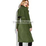 Army Green Open Front Self Belted Below Knee Lady's Winter Trench Coat thumbnail-3