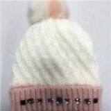 Quality Acrylic Contrast Color Jacquard Knitted Kid Flanging Hat With Faux Fur Pom and Embroidered Sequins thumbnail-1