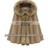 2013 Luxury Woman's Mink Fur Collar Hooded Cloak Coat thumbnail-1