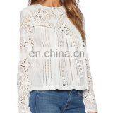 Fashion Modeling Long Sleeve Hollow-out White Lace Blouse, Wholesale Bohemian Clothing Burnout Floral Lace Blouse for Women thumbnail-2