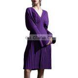 TWOTWINSTYLE Elegant Pleated Summer Dress Women V Neck Flare Long Sleeve High Waist Midi thumbnail-3