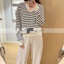 Women Casual Polo Neck Striped Silk Cashmere Sweater Jumper Shirt thumbnail-2