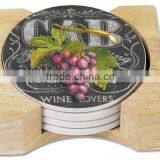 Water Absorbent Printed Round Ceramic Coaster Set With Cork and Wooden Box