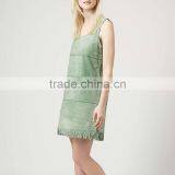 Mint Green Sleeveless Fringed Braided Suede Shift Dress thumbnail-3