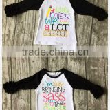 baby girls three quarter icing boutique raglans white black top shirts pencil Ruler crown children clothes back to school cotton