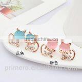 New Pure Gold Plate Cute Kitten Sweet Opal Cat Bowknot Stud Earrings thumbnail-5