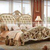 Solid Wood Champagne Gold Carving Double Bed With Leather Headboard thumbnail-1