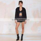 HAODUOYI Autumn Sexy Hollow Out Black Long Sleeve Button Down Mesh Bomber Jacket Casual Coat thumbnail-2