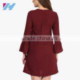 Summer Women's New Fashion Clothing 2016 Maroon Bell Sleeve Shift Dresses thumbnail-4