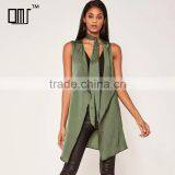 Light Weight Crepe Sleeveless Cardigan Women's Khaki Green Waistcoat thumbnail-1