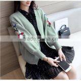 Fall Ladies Loose Embroidery Sweater Coat Green Bishop Sleeve Knit Short Sweater thumbnail-1