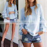Fashion Womens Summer Long Bell Sleeve Ruffled Blouse Woman Clothing thumbnail-2