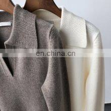 Women Casual Polo Neck Plain Knit Thick Cashmere Sweater thumbnail-3